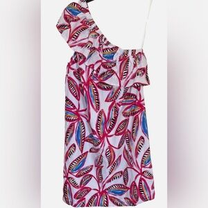 J.Crew XS Linen Blend One Shoulder Ruffle Dress Tropical Print Summer